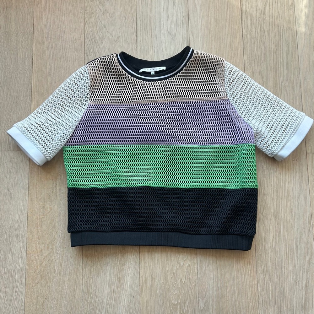Y2K Cyber Futuristic Space Sporty Mesh Top Womens Medium Colorblock Short Sleeve